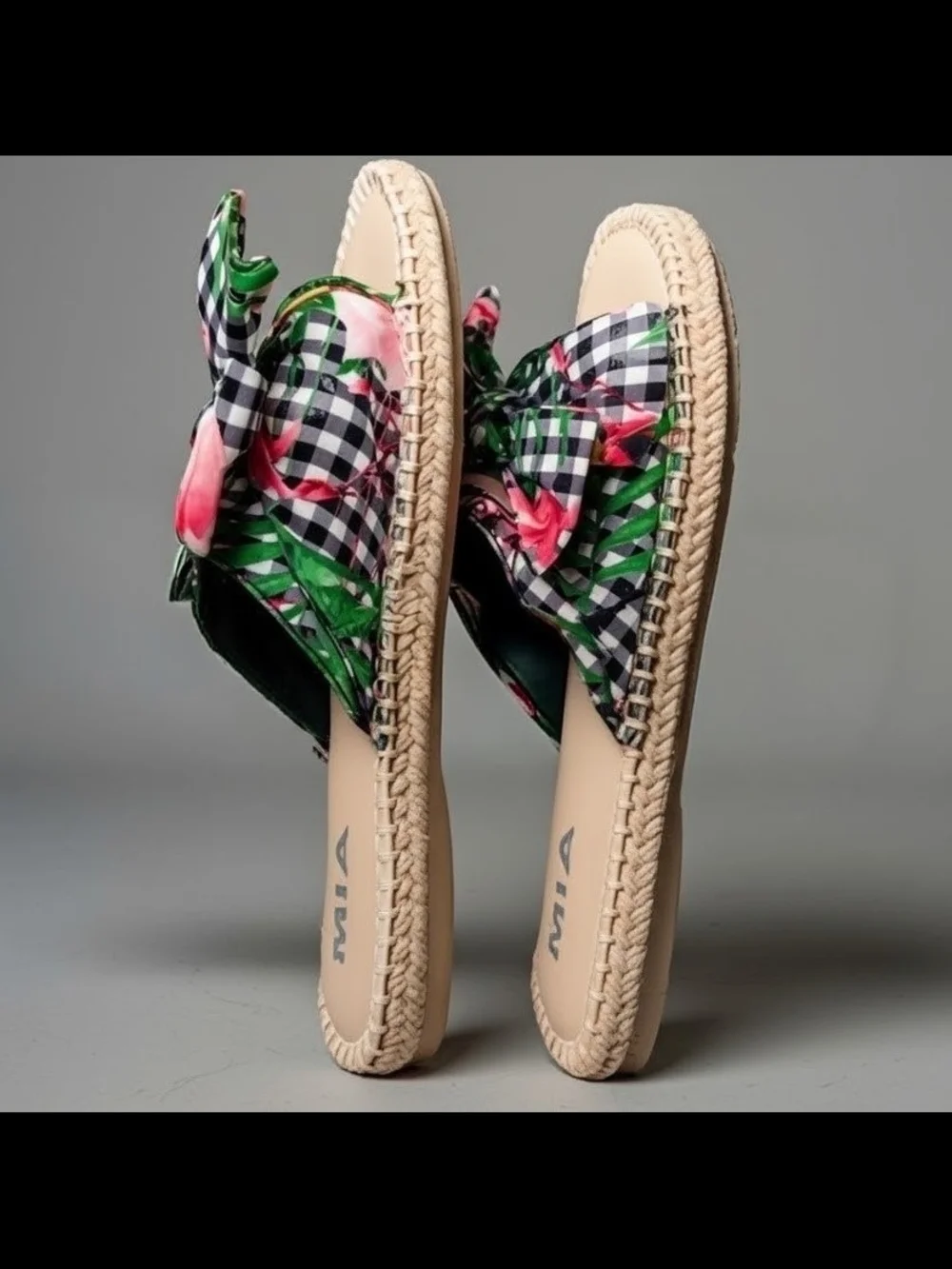 MIA Brenda Floral Gingham Checkered Floral Bow Slide-in Espadrilles Size 8